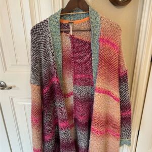 Free People Multicolor Knit Open Cardigan with Pink and Peach Accents